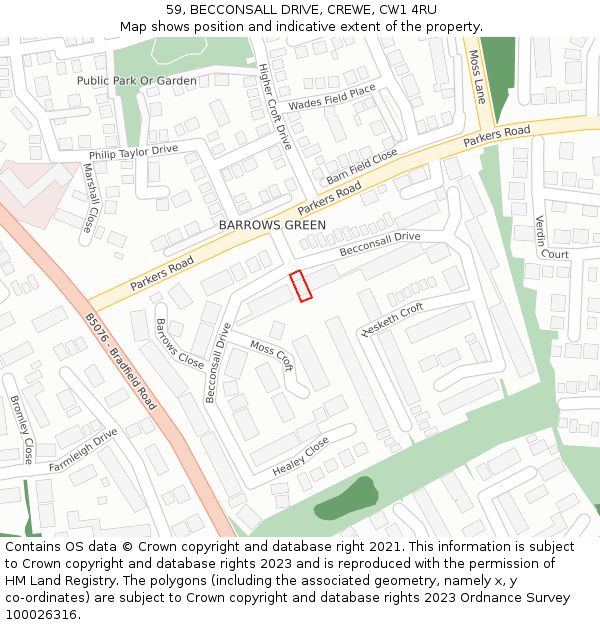 59, BECCONSALL DRIVE, CREWE, CW1 4RU: Location map and indicative extent of plot