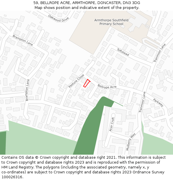59, BELLROPE ACRE, ARMTHORPE, DONCASTER, DN3 3DG: Location map and indicative extent of plot