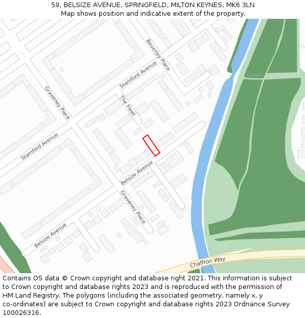 59, BELSIZE AVENUE, SPRINGFIELD, MILTON KEYNES, MK6 3LN: Location map and indicative extent of plot