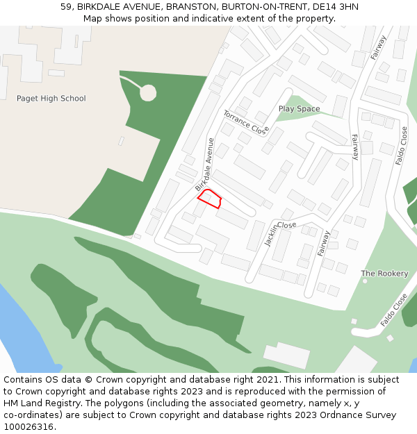 59, BIRKDALE AVENUE, BRANSTON, BURTON-ON-TRENT, DE14 3HN: Location map and indicative extent of plot