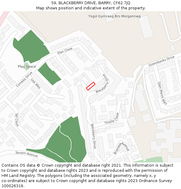 59, BLACKBERRY DRIVE, BARRY, CF62 7JQ: Location map and indicative extent of plot