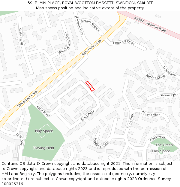 59, BLAIN PLACE, ROYAL WOOTTON BASSETT, SWINDON, SN4 8FF: Location map and indicative extent of plot