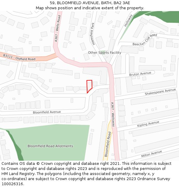 59, BLOOMFIELD AVENUE, BATH, BA2 3AE: Location map and indicative extent of plot