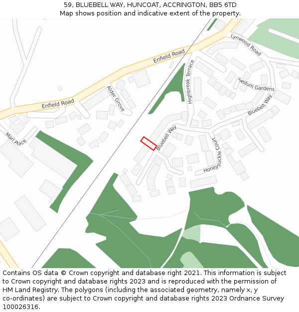 59, BLUEBELL WAY, HUNCOAT, ACCRINGTON, BB5 6TD: Location map and indicative extent of plot