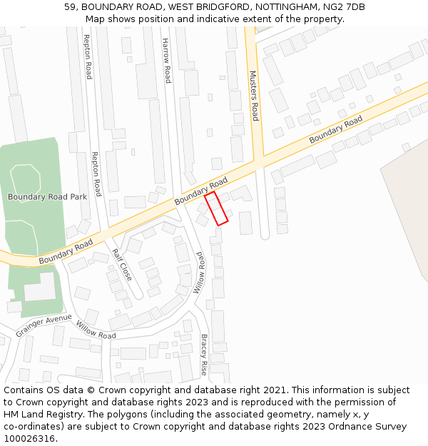 59, BOUNDARY ROAD, WEST BRIDGFORD, NOTTINGHAM, NG2 7DB: Location map and indicative extent of plot