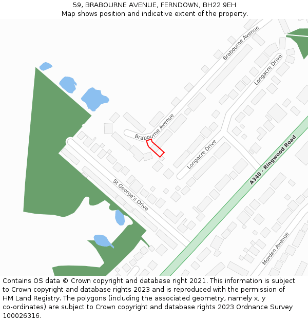 59, BRABOURNE AVENUE, FERNDOWN, BH22 9EH: Location map and indicative extent of plot