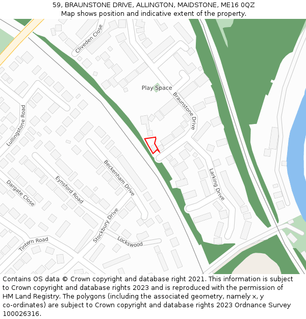 59, BRAUNSTONE DRIVE, ALLINGTON, MAIDSTONE, ME16 0QZ: Location map and indicative extent of plot