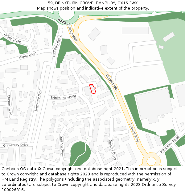 59, BRINKBURN GROVE, BANBURY, OX16 3WX: Location map and indicative extent of plot