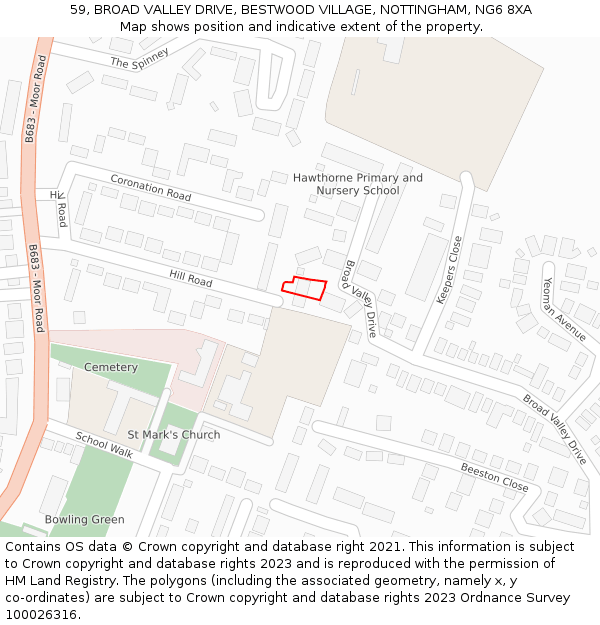 59, BROAD VALLEY DRIVE, BESTWOOD VILLAGE, NOTTINGHAM, NG6 8XA: Location map and indicative extent of plot