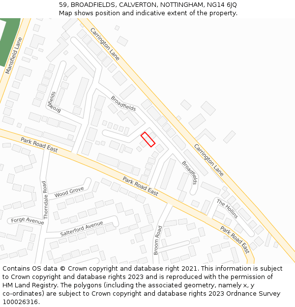 59, BROADFIELDS, CALVERTON, NOTTINGHAM, NG14 6JQ: Location map and indicative extent of plot