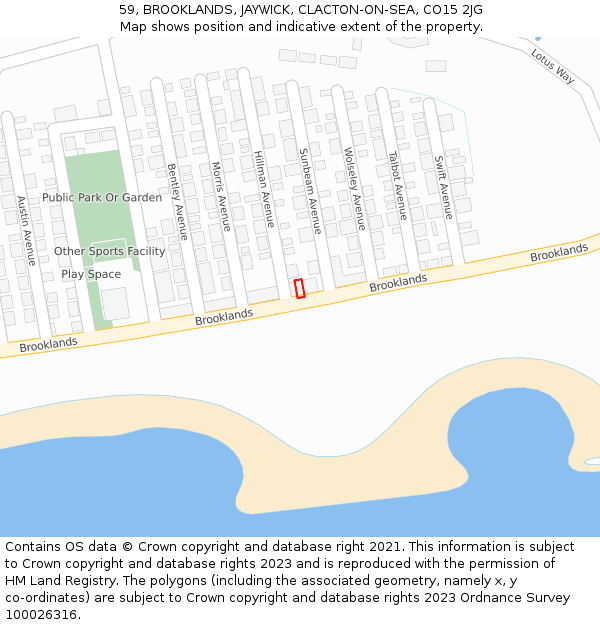 59, BROOKLANDS, JAYWICK, CLACTON-ON-SEA, CO15 2JG: Location map and indicative extent of plot