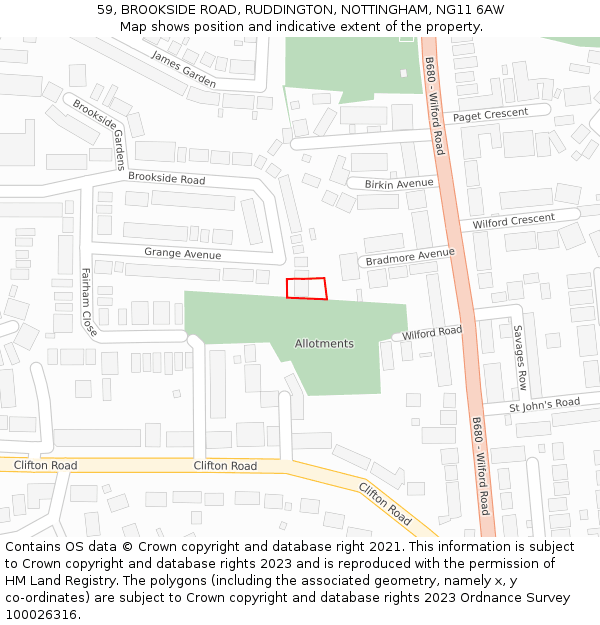 59, BROOKSIDE ROAD, RUDDINGTON, NOTTINGHAM, NG11 6AW: Location map and indicative extent of plot