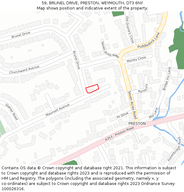 59, BRUNEL DRIVE, PRESTON, WEYMOUTH, DT3 6NY: Location map and indicative extent of plot