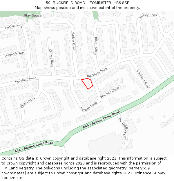 59, BUCKFIELD ROAD, LEOMINSTER, HR6 8SF: Location map and indicative extent of plot
