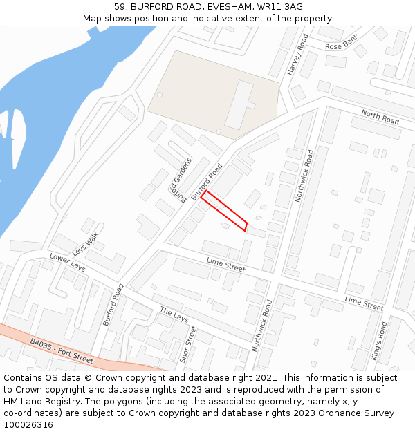 59, BURFORD ROAD, EVESHAM, WR11 3AG: Location map and indicative extent of plot