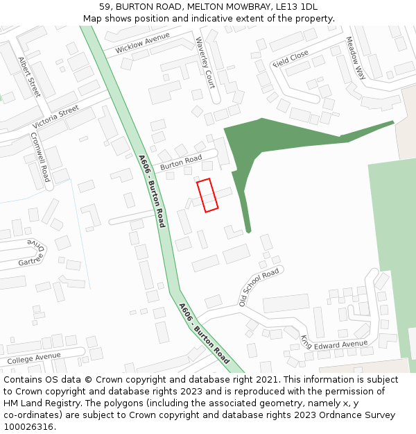 59, BURTON ROAD, MELTON MOWBRAY, LE13 1DL: Location map and indicative extent of plot