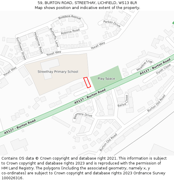 59, BURTON ROAD, STREETHAY, LICHFIELD, WS13 8LR: Location map and indicative extent of plot