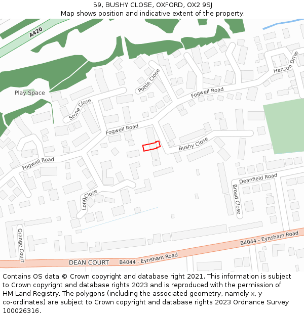 59, BUSHY CLOSE, OXFORD, OX2 9SJ: Location map and indicative extent of plot