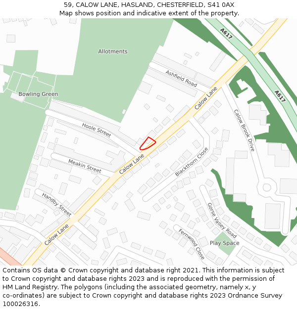 59, CALOW LANE, HASLAND, CHESTERFIELD, S41 0AX: Location map and indicative extent of plot