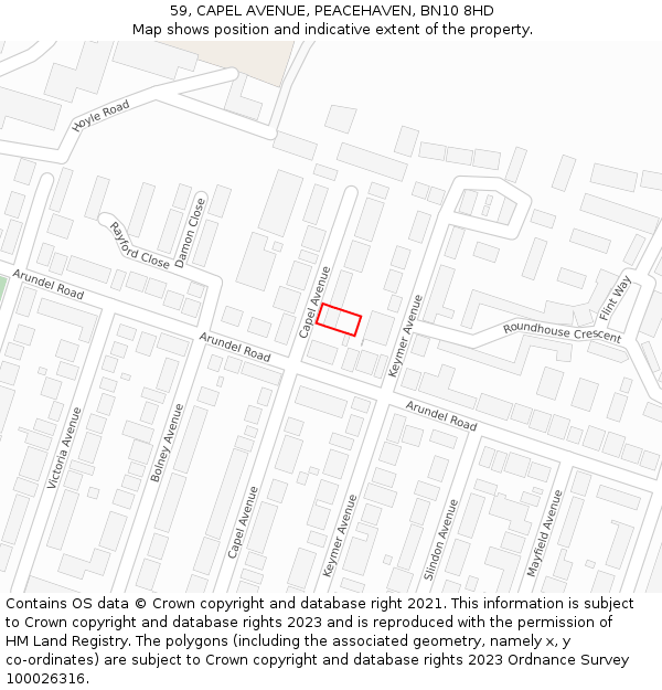 59, CAPEL AVENUE, PEACEHAVEN, BN10 8HD: Location map and indicative extent of plot