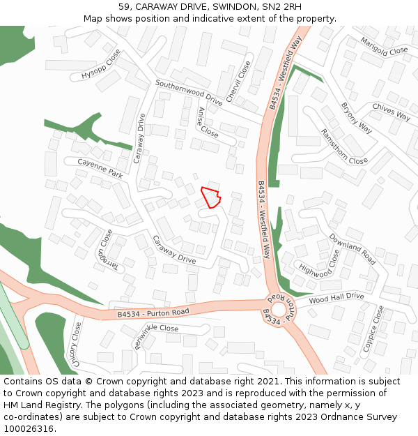 59, CARAWAY DRIVE, SWINDON, SN2 2RH: Location map and indicative extent of plot