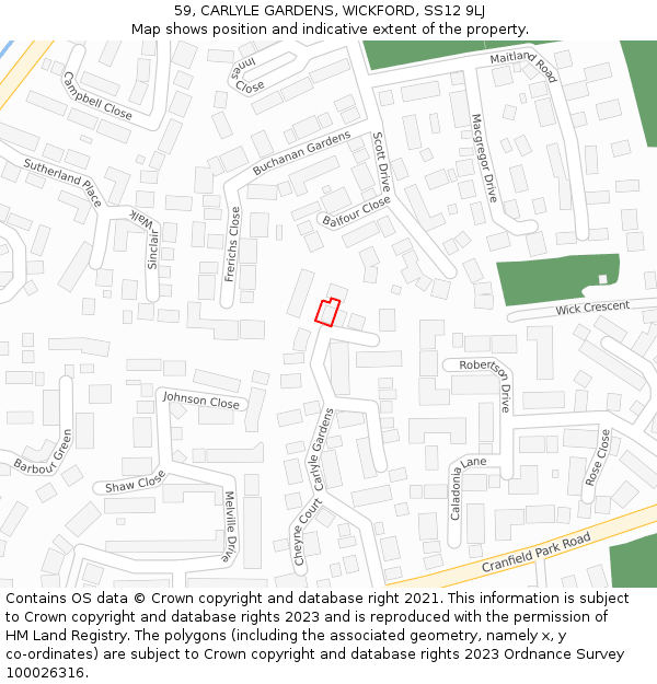 59, CARLYLE GARDENS, WICKFORD, SS12 9LJ: Location map and indicative extent of plot