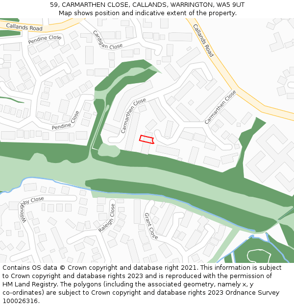 59, CARMARTHEN CLOSE, CALLANDS, WARRINGTON, WA5 9UT: Location map and indicative extent of plot