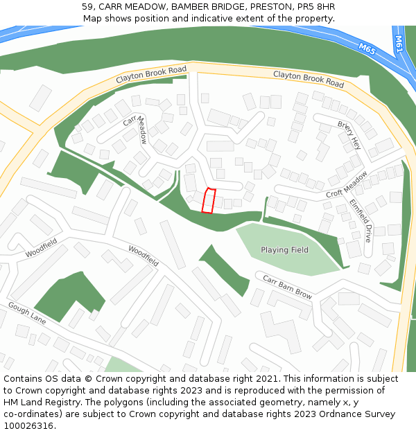 59, CARR MEADOW, BAMBER BRIDGE, PRESTON, PR5 8HR: Location map and indicative extent of plot