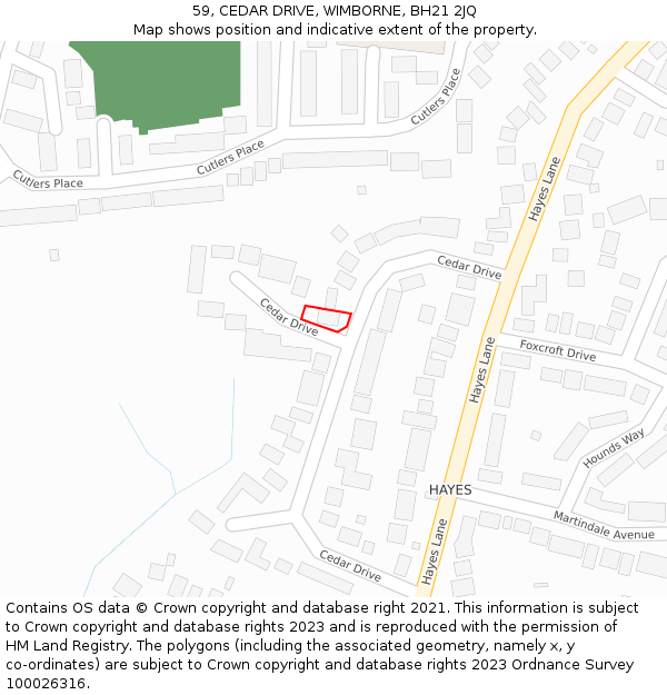 59, CEDAR DRIVE, WIMBORNE, BH21 2JQ: Location map and indicative extent of plot