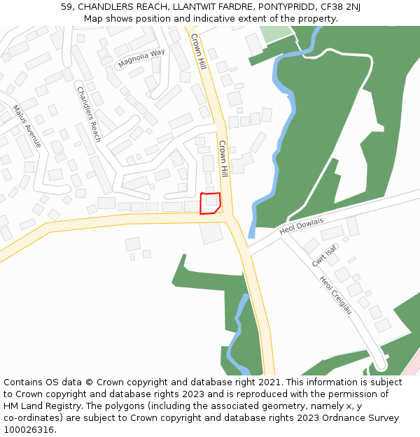 59, CHANDLERS REACH, LLANTWIT FARDRE, PONTYPRIDD, CF38 2NJ: Location map and indicative extent of plot