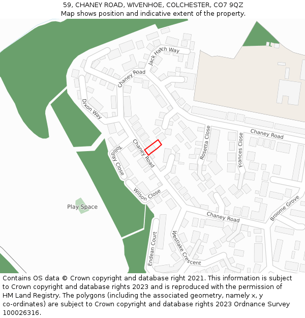 59, CHANEY ROAD, WIVENHOE, COLCHESTER, CO7 9QZ: Location map and indicative extent of plot