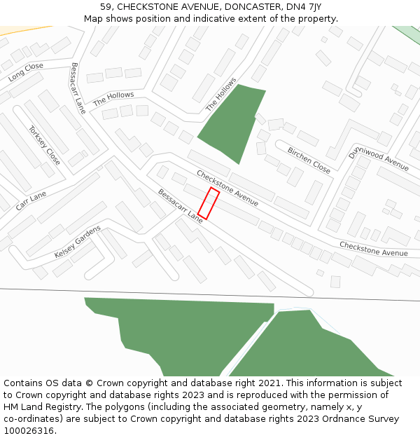 59, CHECKSTONE AVENUE, DONCASTER, DN4 7JY: Location map and indicative extent of plot