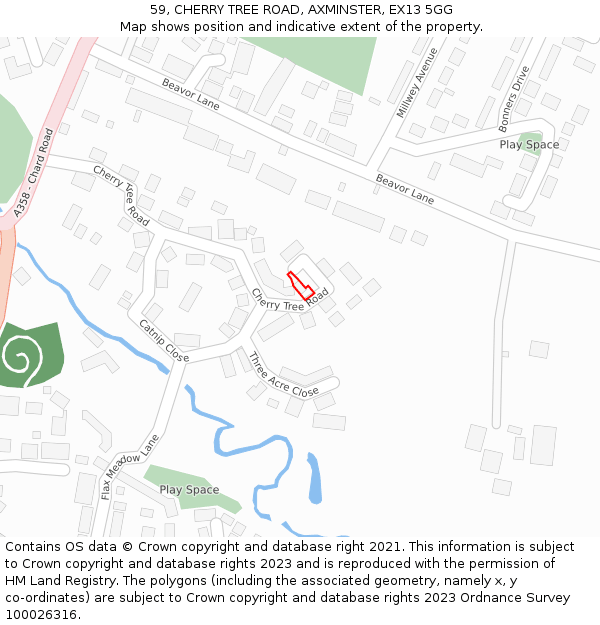 59, CHERRY TREE ROAD, AXMINSTER, EX13 5GG: Location map and indicative extent of plot