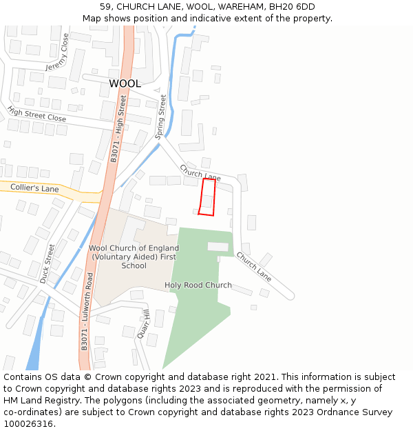 59, CHURCH LANE, WOOL, WAREHAM, BH20 6DD: Location map and indicative extent of plot