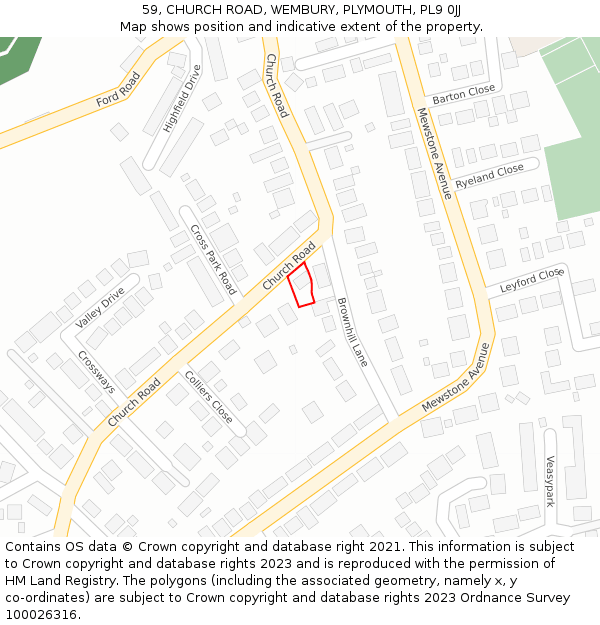 59, CHURCH ROAD, WEMBURY, PLYMOUTH, PL9 0JJ: Location map and indicative extent of plot