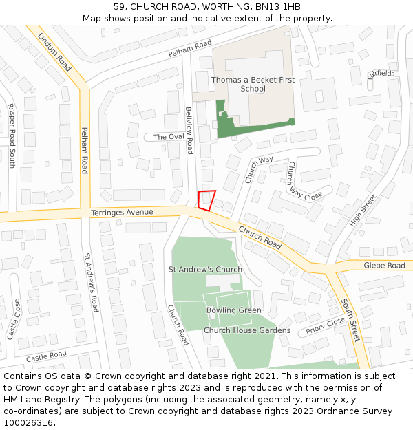 59, CHURCH ROAD, WORTHING, BN13 1HB: Location map and indicative extent of plot