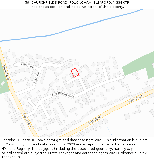 59, CHURCHFIELDS ROAD, FOLKINGHAM, SLEAFORD, NG34 0TR: Location map and indicative extent of plot