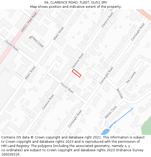 59, CLARENCE ROAD, FLEET, GU51 3RY: Location map and indicative extent of plot