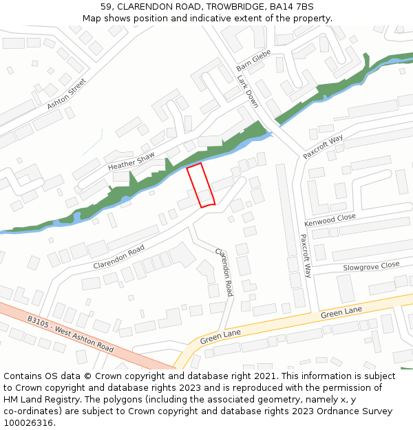 59, CLARENDON ROAD, TROWBRIDGE, BA14 7BS: Location map and indicative extent of plot
