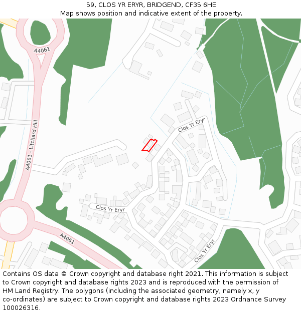 59, CLOS YR ERYR, BRIDGEND, CF35 6HE: Location map and indicative extent of plot