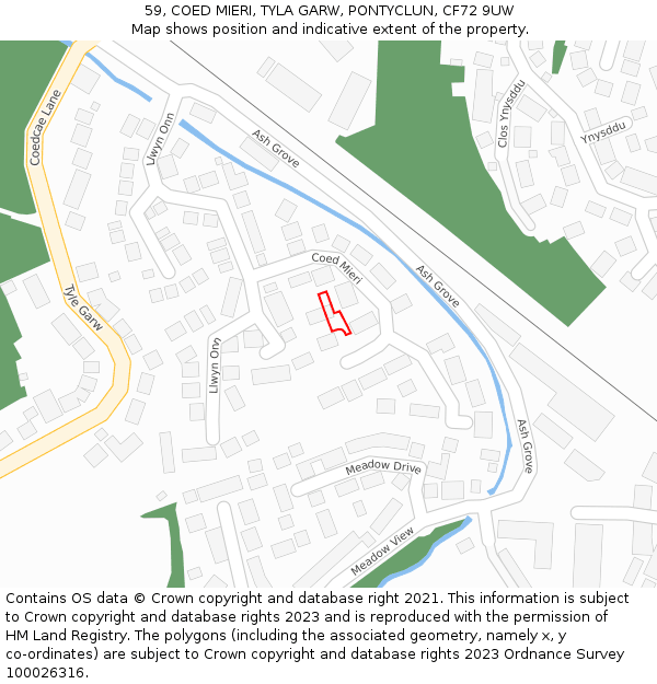 59, COED MIERI, TYLA GARW, PONTYCLUN, CF72 9UW: Location map and indicative extent of plot