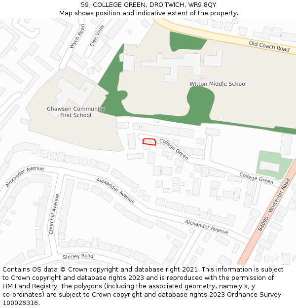 59, COLLEGE GREEN, DROITWICH, WR9 8QY: Location map and indicative extent of plot