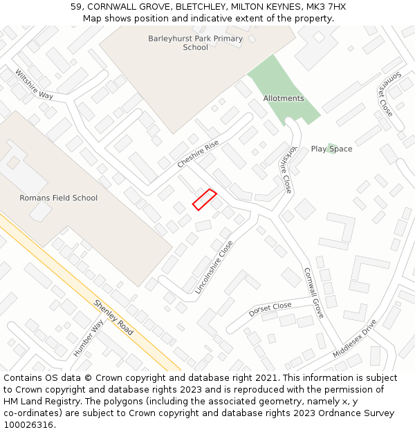 59, CORNWALL GROVE, BLETCHLEY, MILTON KEYNES, MK3 7HX: Location map and indicative extent of plot