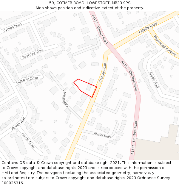 59, COTMER ROAD, LOWESTOFT, NR33 9PS: Location map and indicative extent of plot