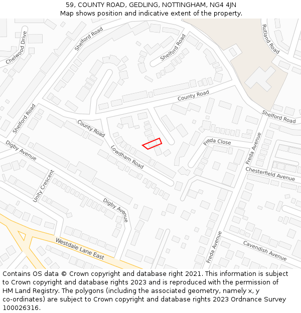 59, COUNTY ROAD, GEDLING, NOTTINGHAM, NG4 4JN: Location map and indicative extent of plot