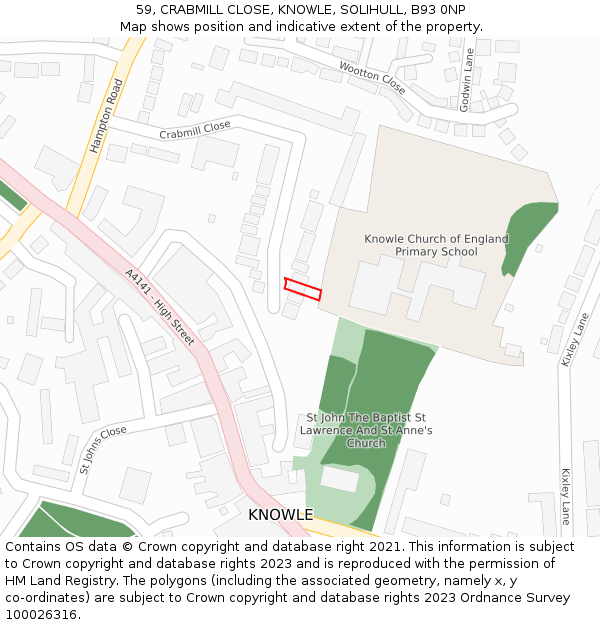 59, CRABMILL CLOSE, KNOWLE, SOLIHULL, B93 0NP: Location map and indicative extent of plot