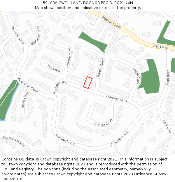 59, CRAIGWEIL LANE, BOGNOR REGIS, PO21 4XN: Location map and indicative extent of plot