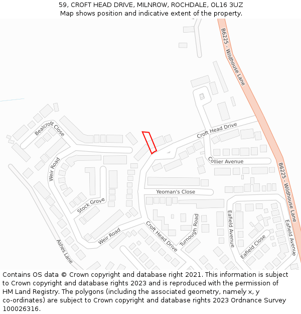 59, CROFT HEAD DRIVE, MILNROW, ROCHDALE, OL16 3UZ: Location map and indicative extent of plot