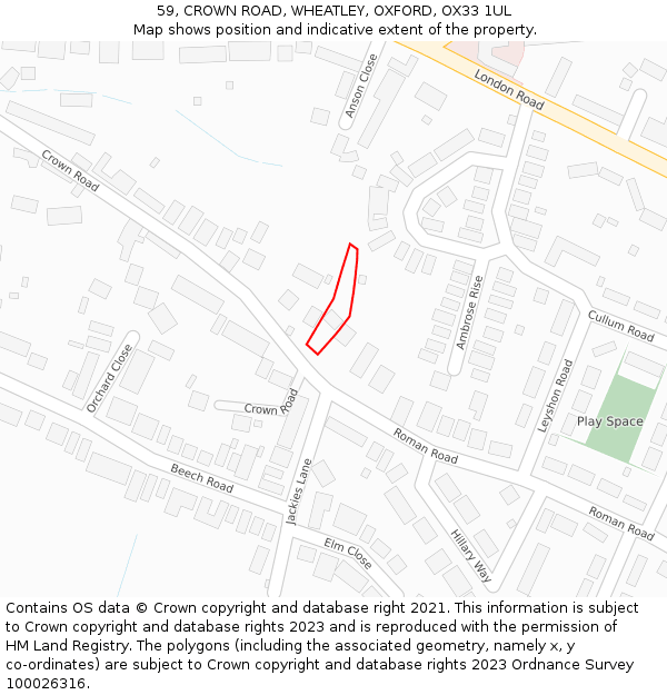 59, CROWN ROAD, WHEATLEY, OXFORD, OX33 1UL: Location map and indicative extent of plot