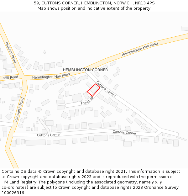 59, CUTTONS CORNER, HEMBLINGTON, NORWICH, NR13 4PS: Location map and indicative extent of plot